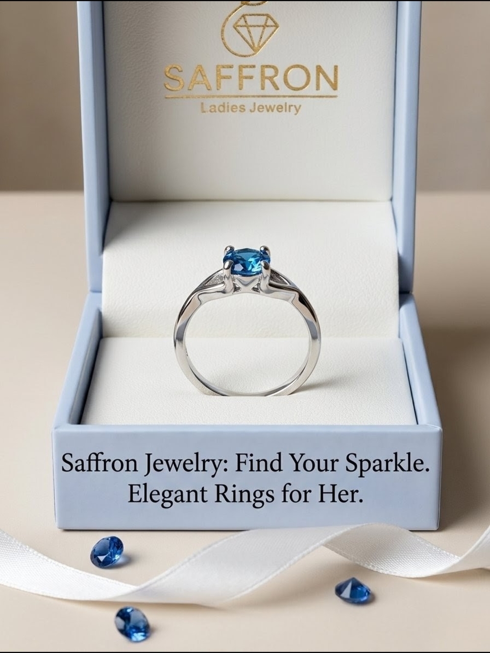 Saffron Ladies Elegant Blue Solitaire Ring - Silver Tone & Cubic Zirconia Size 8